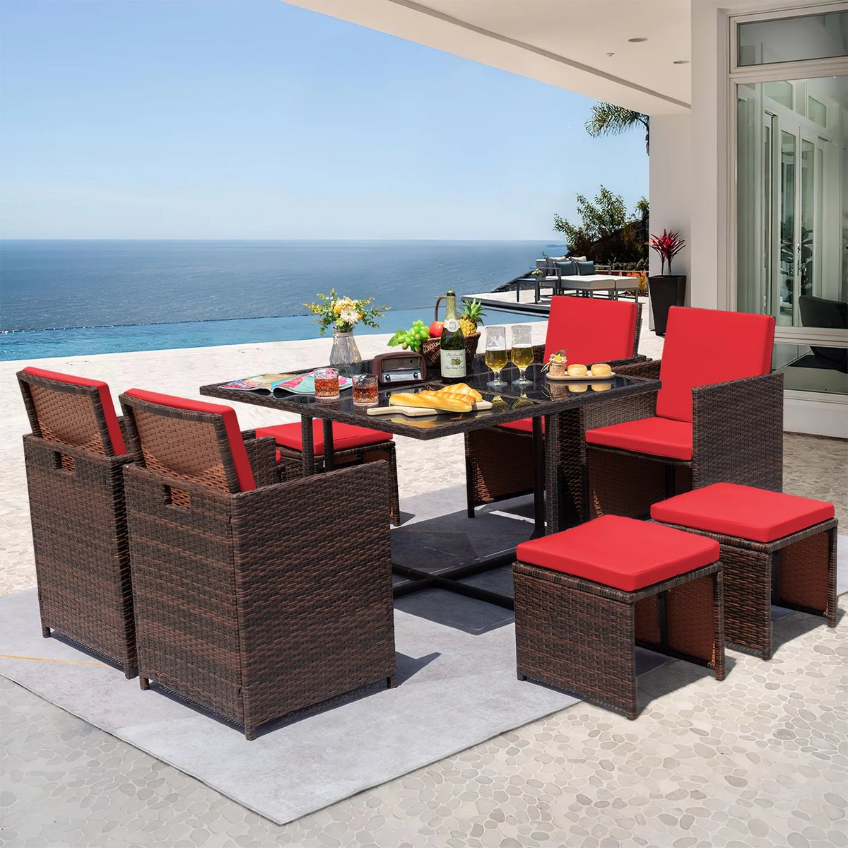 9 Pieces Outdoor Dining Set Wicker Chairs with Glass Table W29217