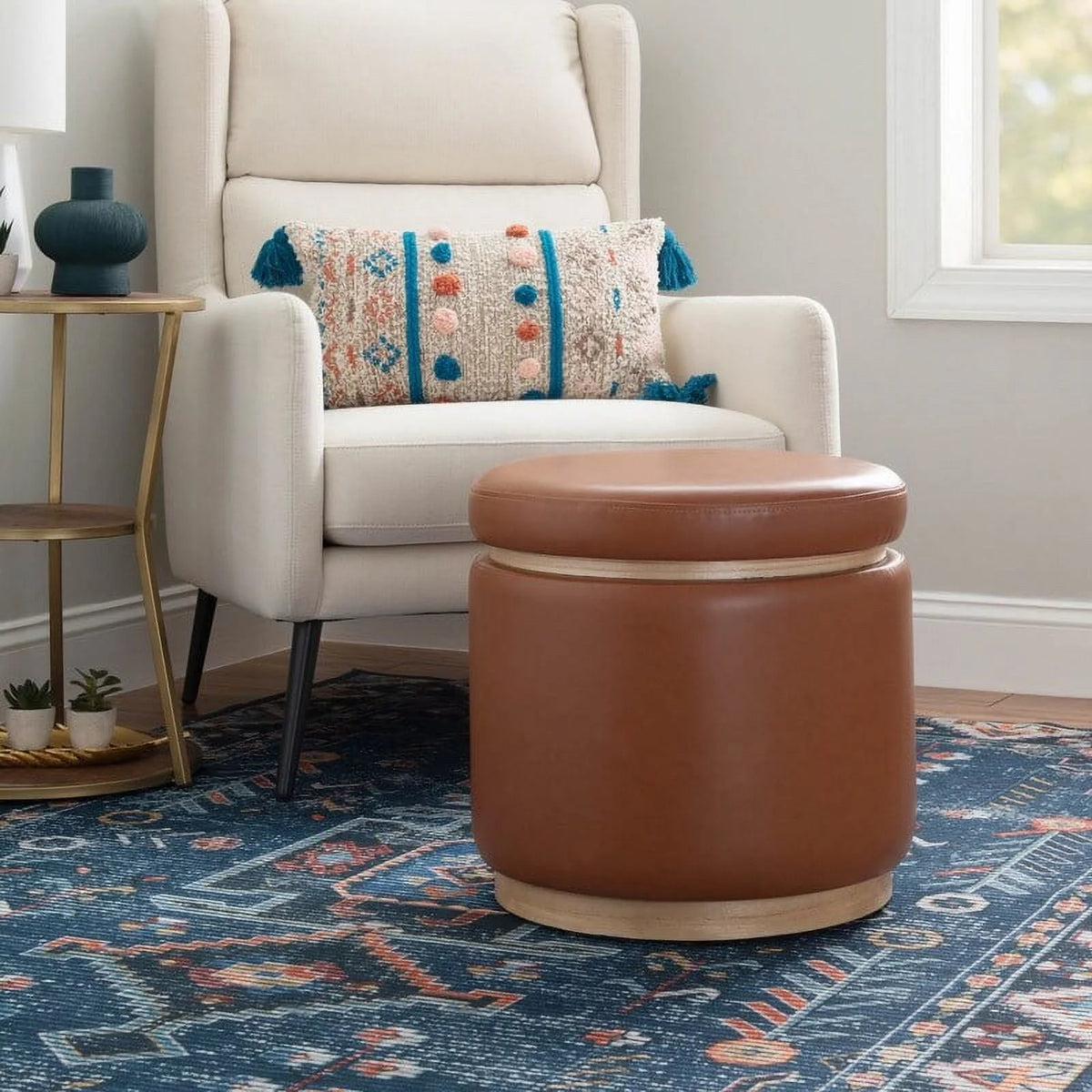 Faux Leather Round Storage Ottoman H41203