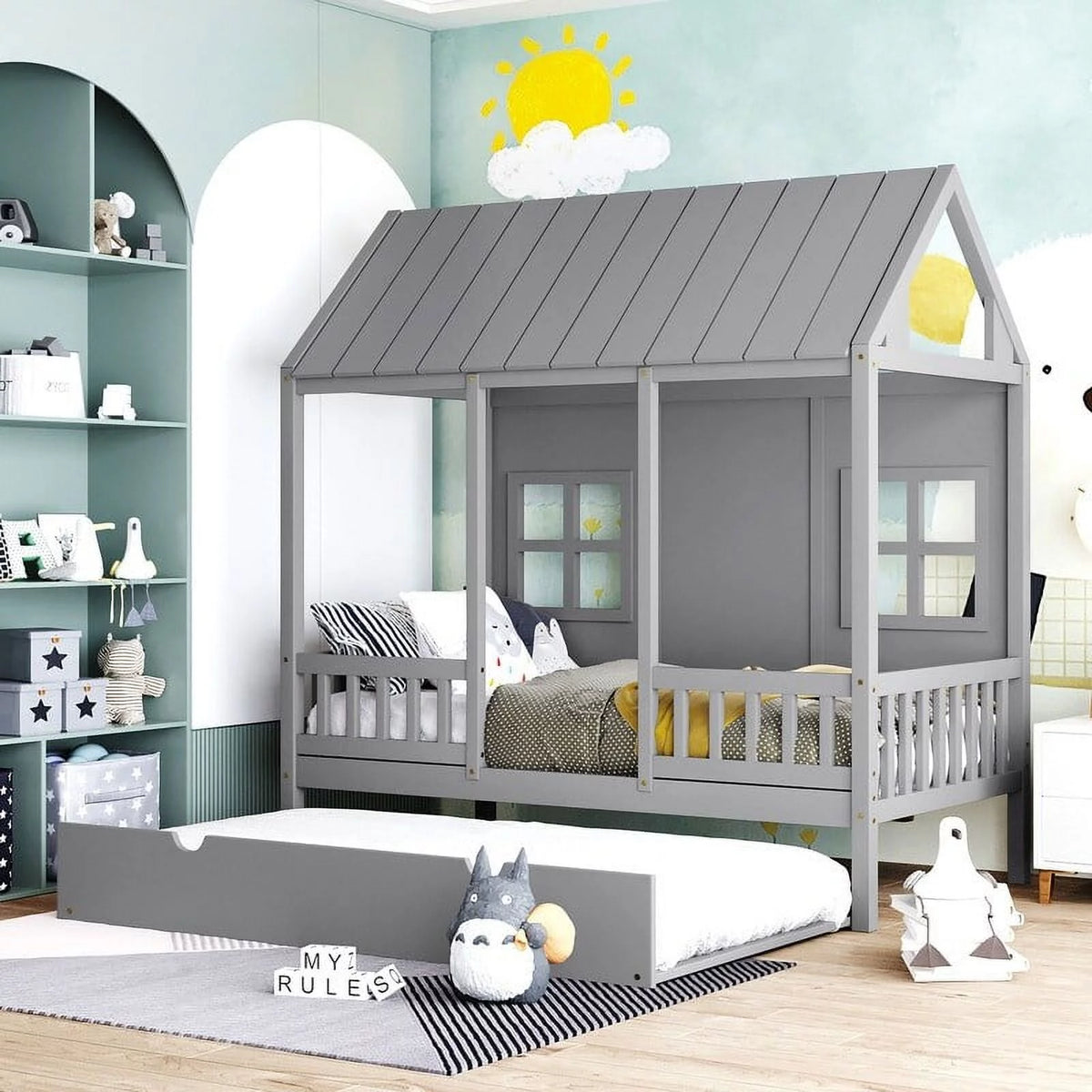 Full Size Solid Wood Log Cabin Bed with Casters D584016