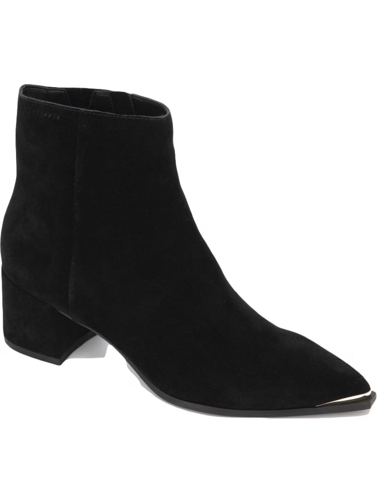 Black Toe Plate Water Repellant Padded Breathable Roanne Pointed Toe Block Heel Zip-Up Leather Booties X60381