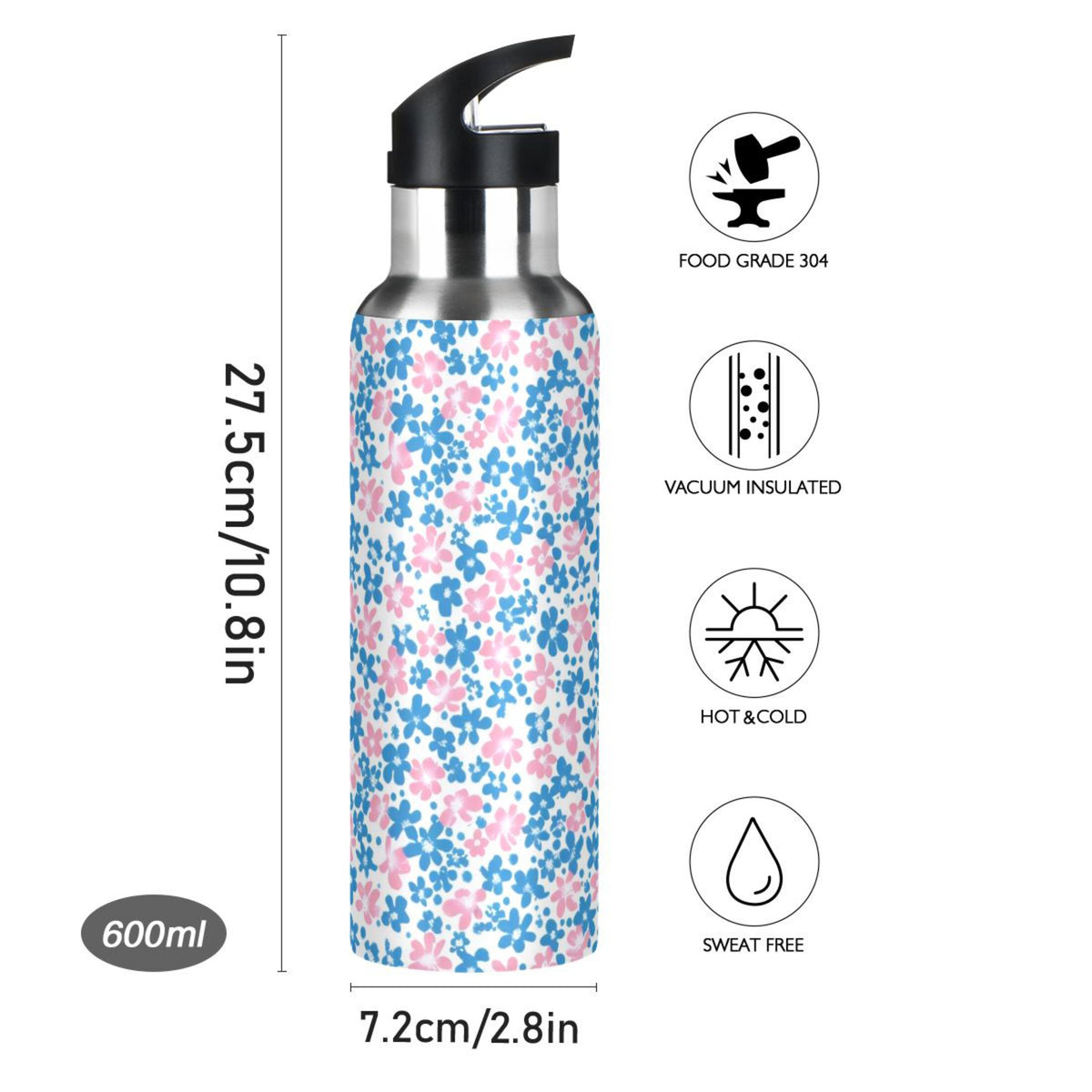 Pink and Blue Floral Insulated Stainless Steel Water Bottle with Straw Lid 20 oz D5162