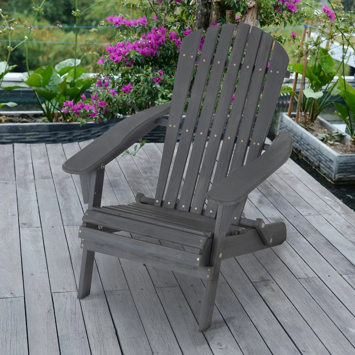 Folding Adirondack Chair Weather Resistant Wood Patio Chair Grey Z642