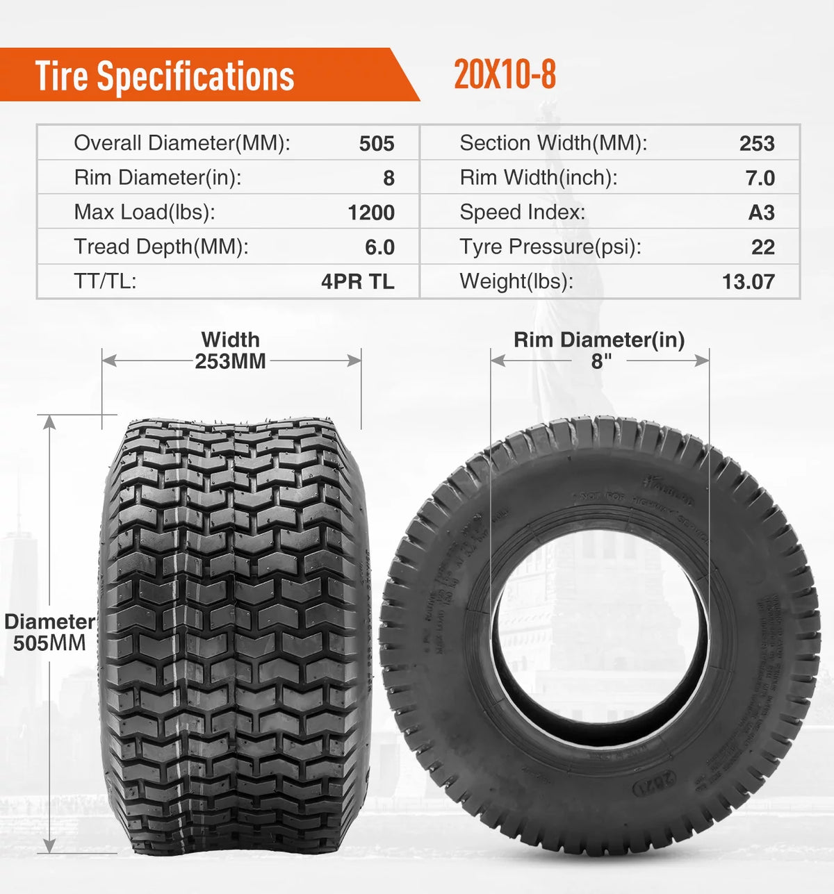 20x10.00-8 Lawn Mower Tires 4PR Heavy Duty Tubeless Y4181