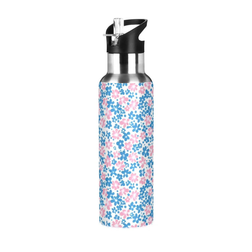 Pink and Blue Floral Insulated Stainless Steel Water Bottle with Straw Lid 20 oz D5162